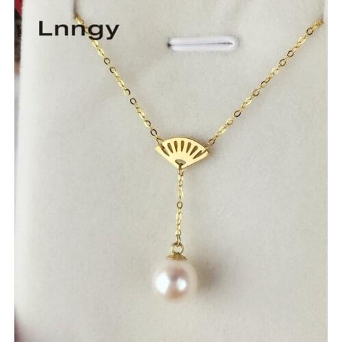 Lnngy 18K Yellow Gold Pendant 7.5-8mm Natural Freshwater Pearl Pendant Necklace for Women Wedding Fine Jewelry White Pearl Gifts