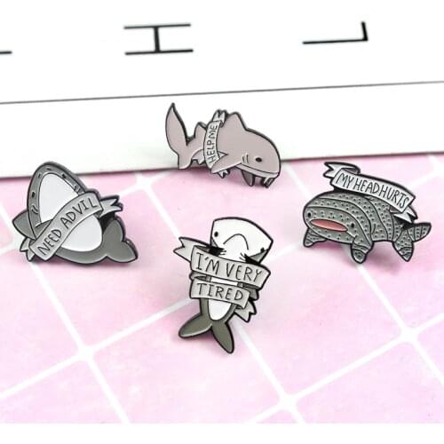 Cartoon Seas Animal Shark Brooch HLEP ME,I'M VERY TIRED,NEED ADVIL,MY HEAD HURTS Enamel Badge Backpack Clothing Badge Jewelry