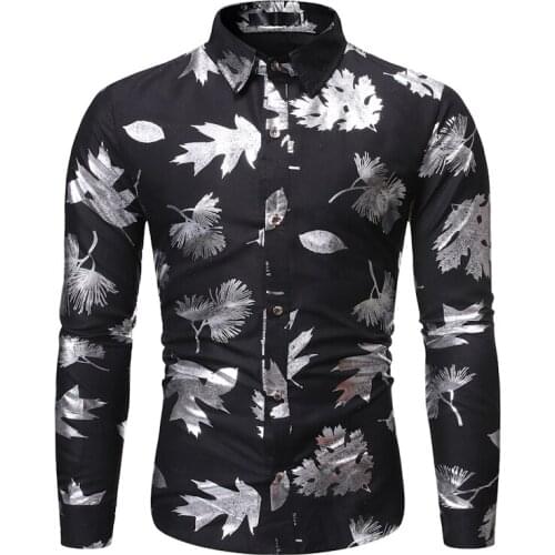 Mens Hipster Bronzing Leaves Print Dress Shirts 2021 Autumn New Slim Fit Casual Men Shirt Party Wedding Tuxedo Shirts Chemise