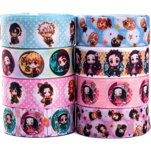 New Cute Japan Cartoon Kimetsu No Yaiba Grosgrain/Satin Ribbon 5 Yards Heat Transfer Printed for DIY Party Supplies Hair Bow