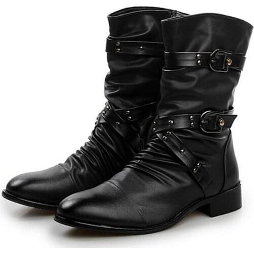 NEW Men Fashion Leather Boots British Style Motorcycle Boots For Male Solid Black Platform Rubber Shoes Street Punk Boots