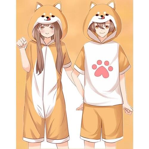 Kawaii Shiba Inu Pajamas Onesie Adults Kigurumi Corgi Hooded Sleepwear Plus Size Cute Anime Short Jumpsuit Women Men Nightwear