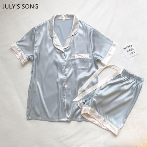 JULYS SONG INS Pajamas Set Faux Silk Women Contrasting Color Summer Sleepwear Suit Thin Short-Sleeved Shorts 2 Pieces Cute Suit