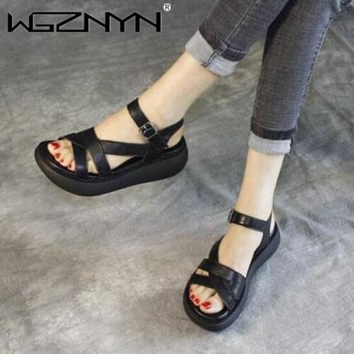 Genuine PU Leather Sandals Women Summer Brand Shoes Retro Hollow Out 7CM High Heels Wedge Set Foot Women Leather Sandals 2021