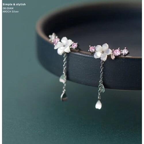 YOUNQ Genuine S925 Sterling Silver Sweet Cherry Blossom Pendant Tassel Heart-shaped Earrings Ladies Engagement Jewelry SBE001