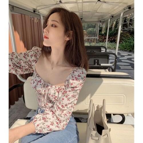 Spring New 2021 Puff Sleeve Slim-Fit Pleated off-Shoulder Short French Shirt Floral Square Collar Top for Women