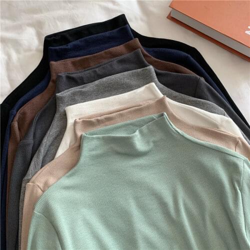 Womens Elegant Long Sleeve T Shirt 2021 Spring Autumn Solid Color Turtleneck Tees Slim Bottoming Shirt Top Ladies Casual Tshirt