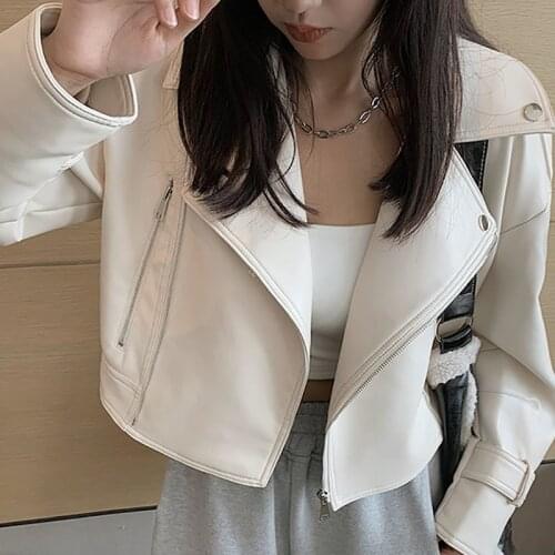 High quality Slim Short Washed Faux Leather Jacket 2021 Spring Fashion Women Street Moto Biker Jacket Beige Black Bomber Outwear