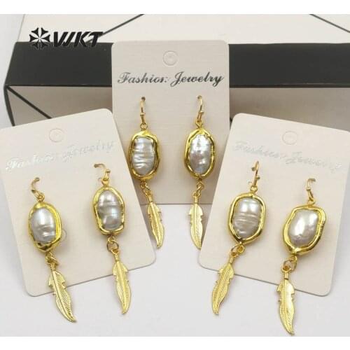 WT-E456 WKT 2018 Amazing gold color trim freshwater pearl female earrings oval shape connector with metal leaf charm new style