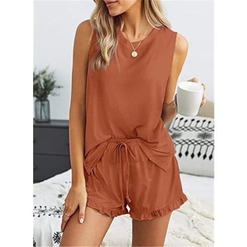 Women Loungewear Set Solid Summer Sleeveless Vest Shorts Soft Tops Drawstring Shorts 2 Piece Set Casual Homewear Suit Female