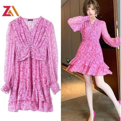 ZALady Summer Long Sleeve Mini Dresses For Women Elegant Floral Printed V-neck Ruffles Drape High Waist Party Chic Dress Female