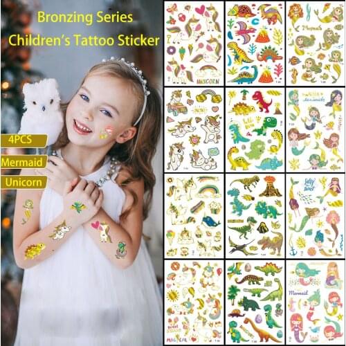 4PCS Bronzing Series Fake Tattoo Sticker Temporary Waterproof Transfer Cartoon Mermaid Unicorn Dinosaur Children Kid Toy Gift