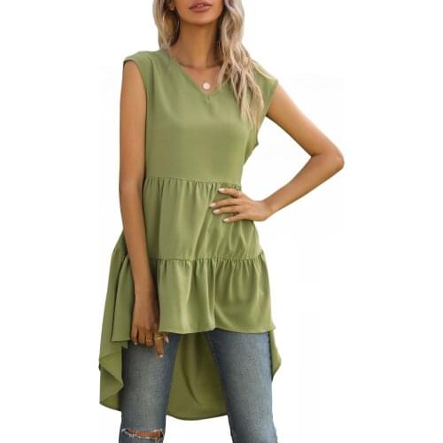 V-neck Solid Pleated High Low Tops Blouses Women Fashion 2021 Summer Sleeveless Female Loose Casual Long Blouse