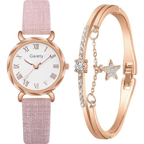 New Women Watch Bracelet Set Elegant Pink Ladies Wristwatch Roman Number Fashion Clock Simple Leather Quartz Watches For Woman