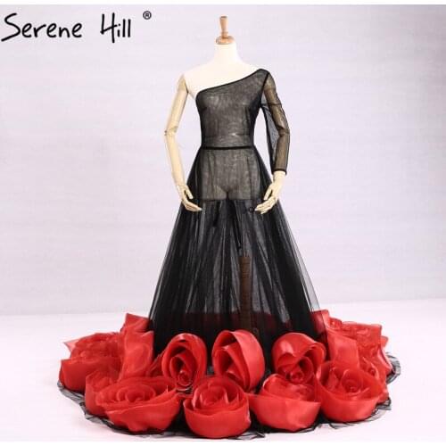 One Shoulder Long Evening Dresses Transparent 2020 Rose Flowers A-Line Formal Dress Party Robe De Soiree Real Serene Hill