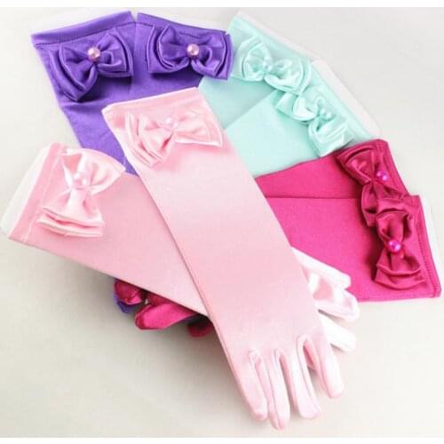 Wedding Elastic Girls Satin Long Gloves Kids Children Fancy Dress Bow Pearl Gloves Costume COS princess Mitten colorful