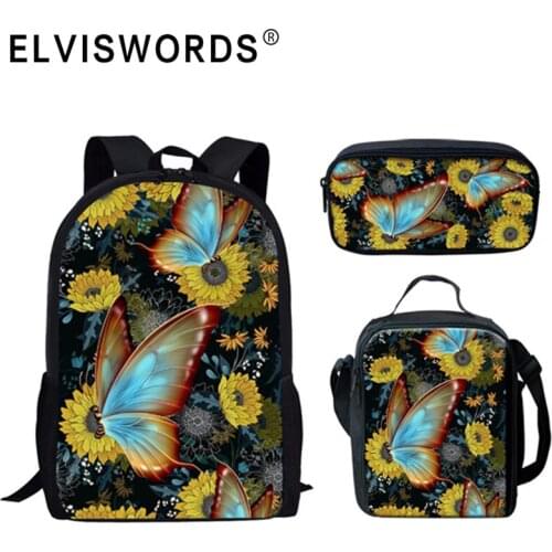 ELVISWORDS Cute Animal Sunflower School Backpack 3pcs/Set Women Casual School Bags for Kids Girls Boys Fashion Bookbags Mochila