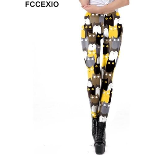 FCCEXIO Cartoon Cat 3D Print Leggings Women Fashion Animal Skinny Pants Mid Waist Fitness Leggins Casual Workout Leggings