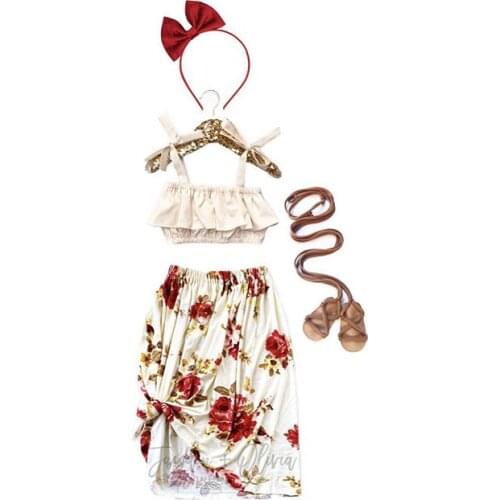 1-5Y Fashion Toddler Kids Girls Summer Outfits Ruffles Sleeveless Crop Tops+Sunflower Print Maxi Skirts+Headband Clothes Sets