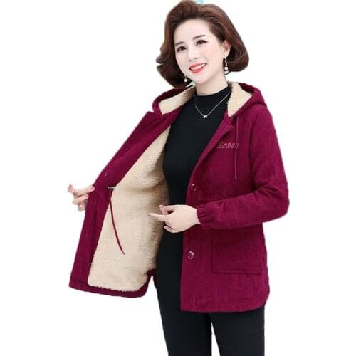 Middle-Aged Mother Autumn Winter Coats Hooded Plus Velvet Warm Corduroy Winter Jacket Outerwear Tops Manteau Femme Hiver 5XL