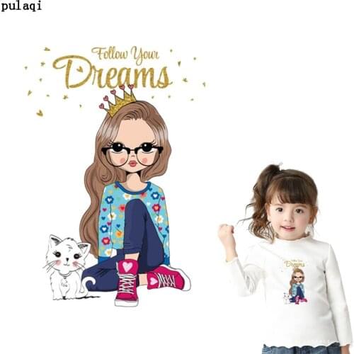 Pulaqi Fashion Girls Patches Ironing Sticker Heat Transfers Vinyl Thermal Iron on Transfer for Clothes Kid Clothes Badges Decor