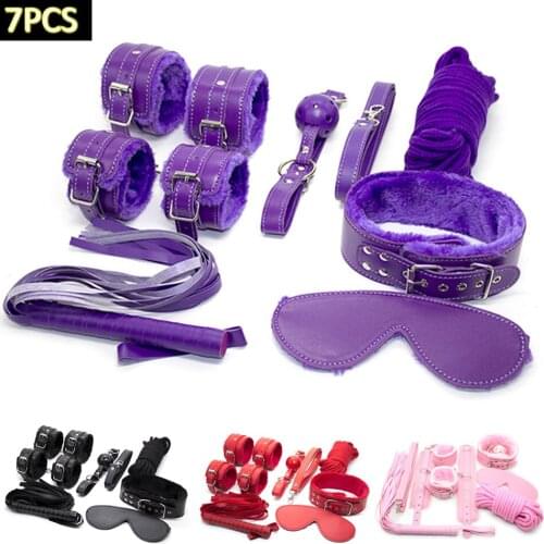 CamaTech 7Pcs Leather Bondage Set Hand&Feet Cuffs Neck Collar Ball Gag Whip Rope BDSM Restraint Kit Fetish Adult Game For Couple
