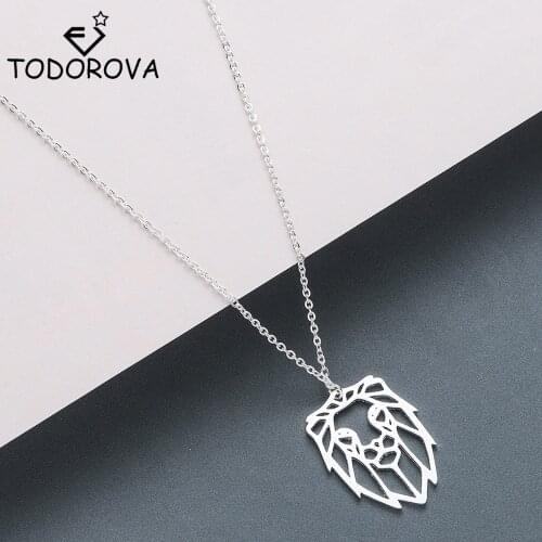Todorova Origami Lion Necklace HipHop Lion Head Pendant Charm Necklace Stainless Steel Jewelry Animal Necklace Party Accessories
