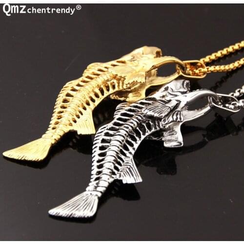 Hip hop Fish Bone & Fishing Hook Pendant Necklaces Punk Style Men 316L Stainless Steel Box Chain 2 Colors Personality Jewelry