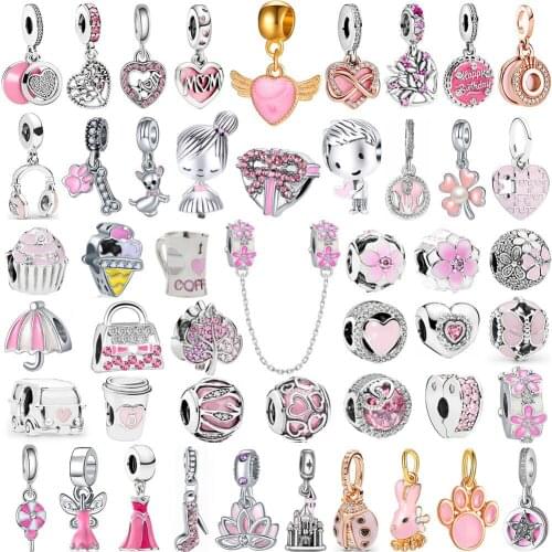 Pink Color Crystal Beads Heart Ladybug Love Flower Pendant Bracelet DIY Charm Lady Jewelry Gift