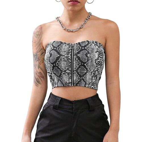 Sexy Crop Top Women Strapless Zipper Boob Tube Ladies Stretch Bandeau Bra Crop Tops 2021 Fashion Party Snake Skin Printed Tops