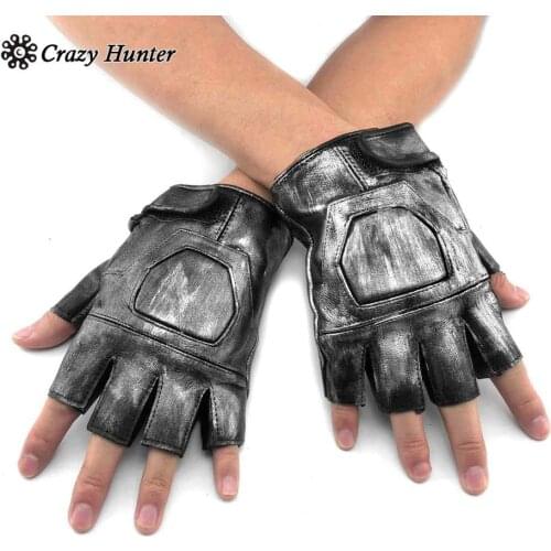 Sliver Black Biker Punk Leather Fingerless Gloves Mens Steampunk Golves