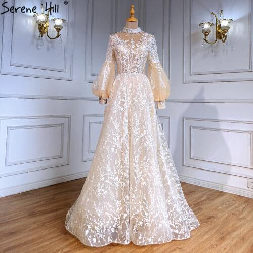 Serene Hill Muslim Beige Luxury Evening Dresses Gowns 2021 Lace Beaded A-Line Wedding Party For Woman LA71196