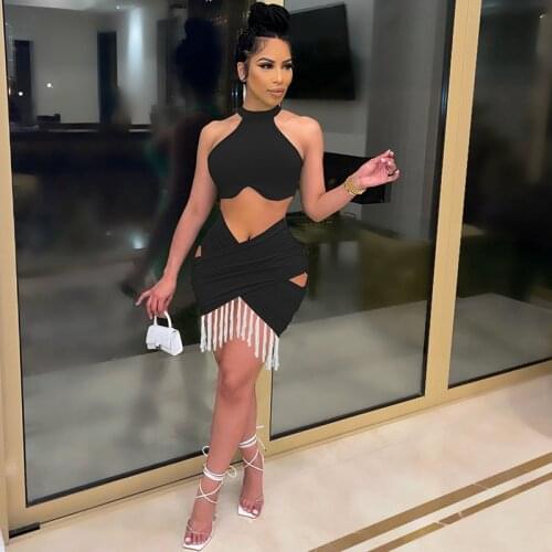 HAOYUAN Sexy Two Piece Set Women Fall Crop Top Tassel Mini Skirts Suit Y2k Clothes Vacation Rave Outfit Matching Club Dress Sets