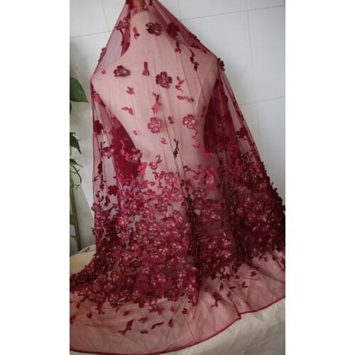 Dark red 3D lace fabric, beautiful heavy embroidered lace fabric for girl dance costumes accessories, bridal lace fabric