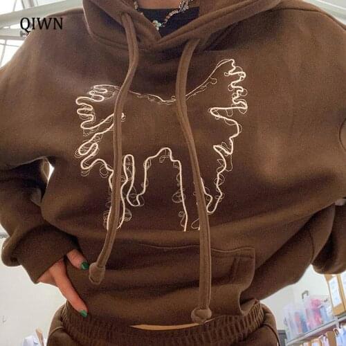 Harajuku Street Butterfly Embroidery Hoodie Women Autumn Winter Loose Sweatshirt Pocket Long Sleeved Brown Pullover Female Tops