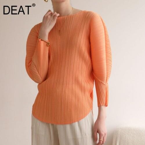 DEAT Pleated T-shirts Woman Full Puff Sleeve Simple Loose Round Collar Top Casual Style 2021 New Summer Plus Size Clothing HT935