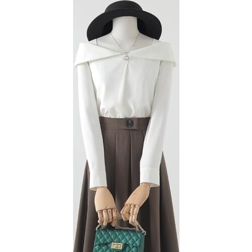 Slash Neck Chiffon Patchwork Women Shirts Solid Long-Sleeved Slim Office Lady Elegant Pulls Outwear Tops