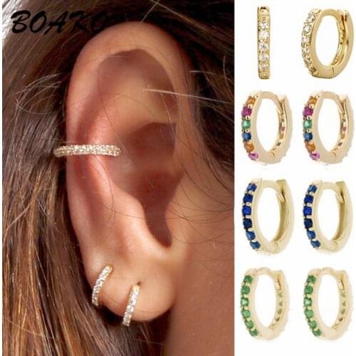 BOAKO Rainbow CZ Huggie Earring for Women Fashion Round Small Hoop Earring Multicolor Zircon Earring Korean Ear Piercing Jewelry