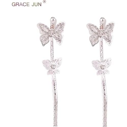 GRACE JUN Large Double Butterfly Clip on Earrings Without Piercing for Women Elegant Long Needn't Ear Hole Earrings Bijouterie