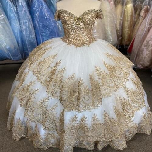 Gold White vestidos de 15 años 2020 Ballgown Puffy Lace Sequin Quinceanera Dress Off the Shoulder Sweet 15 Tiered Layer Lace Up