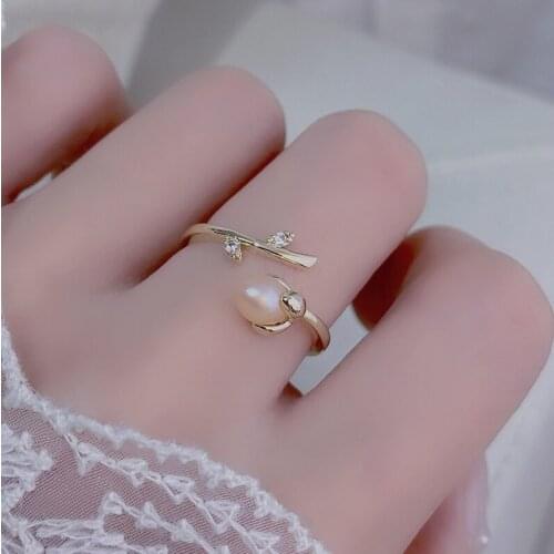 Shiny Side New Accessories Crystal Flower Engagement Adjustable Rings for Women Simple Style Freshwater Pearl Tulips Rings