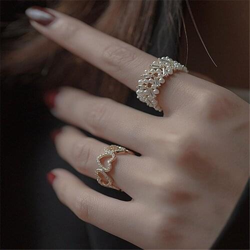 2021 New Arrival 14K Real Plated Hollow Heart Pearl Adjustable Rings For Women Zircon Wedding Rings