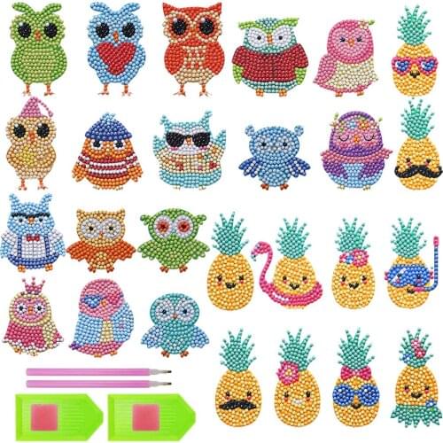 26Pcs 5D DIY Diamond Painting Kits for Kids Owl Pineapple Diamond Painting Stickers Handmade Digital Diamond Arts Mosaic Sticker