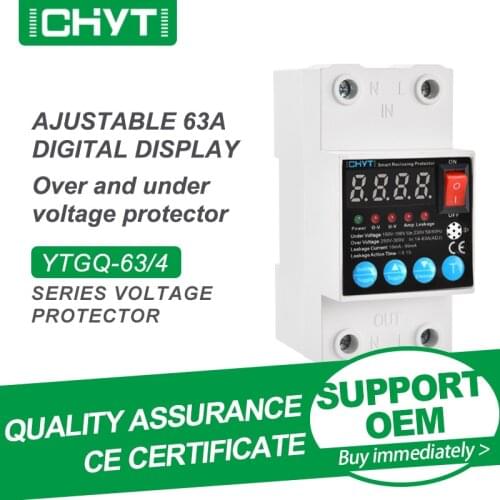 Free Shipping CHYT YTGQ Adjustable Parameters AC 230V 63A Leakage Alarm LCD Digital Display Over And Under Voltage Protector