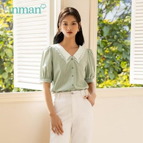 INMAN Stripped Blouse Artsy Vintage Guaze Turn Down Collar Women Summer Short Lantern Sleeve Tops Shirt