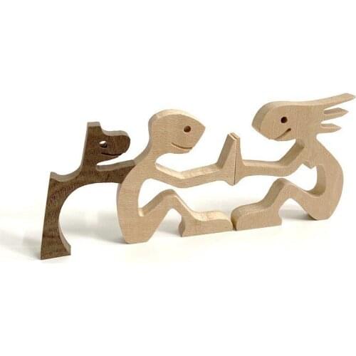 Family Puppy Wood Dog Craft Figurine Desktop Table Ornament Carving Model Creative Home Office Decoration Love Pet sculpture