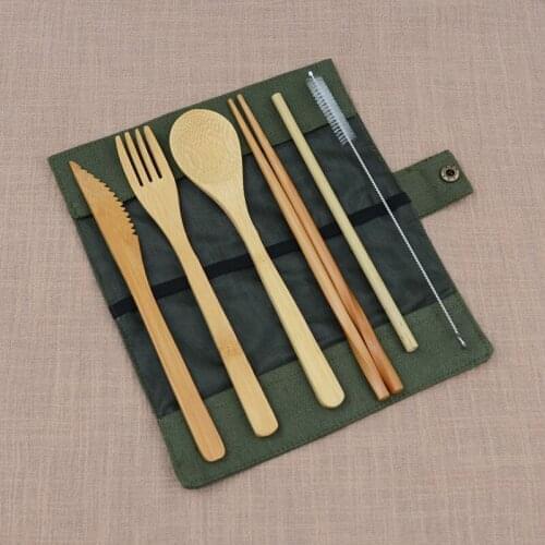 6pcs/Set Wooden Dishes Bamboo Skewers Knives Soup Teaspoon Food Cutlery Set with a Cloth Bag Kitchen Cooking Tools for Travel