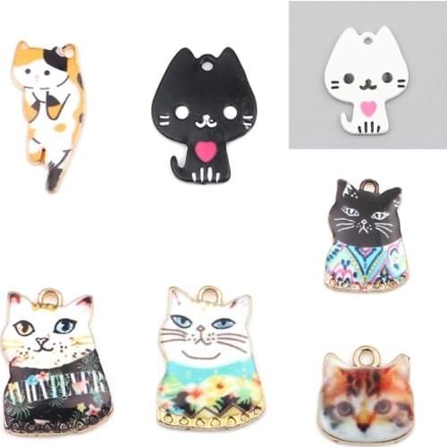 Doreen Box Fashion Cat Animals Gold Color Pendants Kawaii Multicolor Enamel For Women Girls DIY Making Earrings Jewelry,10PCs