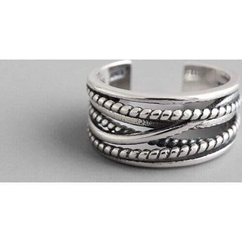 Vintage Multi-layer twist Open Ring Female Jewelry Real Solid 925 Sterling Silver Rings for Women Bagues Femme Cool Punk