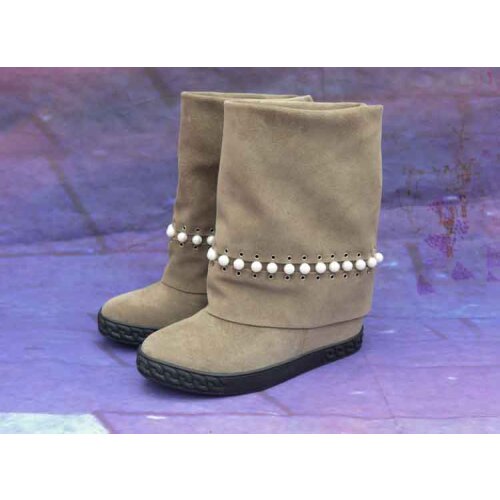 Fashion Pearl Studs Eyelet Hole Martin Boots Suede Inner Height Increasing Mid-Calf Boots Woman Loose Style Slip- on Boots